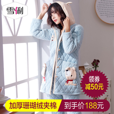 加厚夹棉珊瑚绒睡衣女士秋冬季甜美可爱家居服法兰绒保暖大码套装