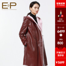 [商场同款]2018秋冬新款女装连帽双排扣抽绳羊皮革皮衣羽绒服Y18A图片