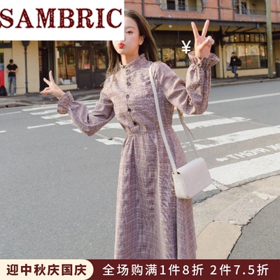 Sambric实拍花边立领薄款呢料连衣裙格子收腰显瘦喇叭长袖大摆