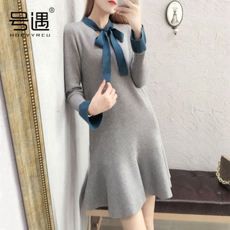 秋冬2018新款休闲针织连衣裙子女装长袖毛衣中长款鱼尾裙韩版气质商品大图
