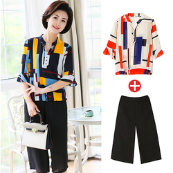 中老年女装夏装套装40-50岁雪纺衫t桖2018新款妈妈装短袖两件套