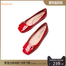 接吻猫2018秋季新款牛漆皮革方头时尚浅口平底单鞋女KA98505-51