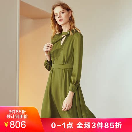 JUZUI/玖姿奥莱店2018秋装新款复古风钉珠飘带长袖收腰连衣裙商品大图