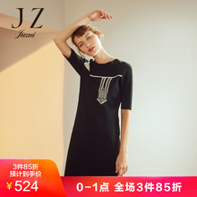 玖姿2018秋装新款针织图案短袖针织衫圆领套头连衣裙女图片