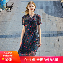 玖姿夏2018新款立领系带网纱微透收腰显瘦雪纺连衣裙女图片