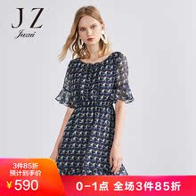 JUZUI/玖姿2018夏新款松紧腰印花荷叶袖抽绳圆领连衣裙女显瘦图片