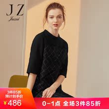 JUZUI/玖姿玖姿2018秋装黑色格纹羊毛中袖上衣套头针织衫女图片