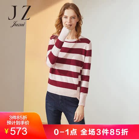 JUZUI/玖姿奥莱店2018冬装新款圆领条纹套头针织衫女毛衣商品大图