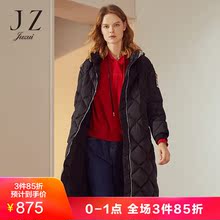 JUZUI/玖姿奥莱店2018冬装银色连帽抽绳贴布中长羽绒服过膝图片