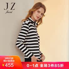 玖姿玖姿女装2018冬装高领套头黑白条纹拼接撞色套头针织衫图片