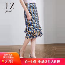 JUZUI/玖姿奥莱店2018抽象印花包裙女荷叶下摆半身裙短裙图片