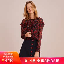JUZUI/玖姿奥莱店2018秋装新款荷叶边飘带印花雪纺衫女上衣图片