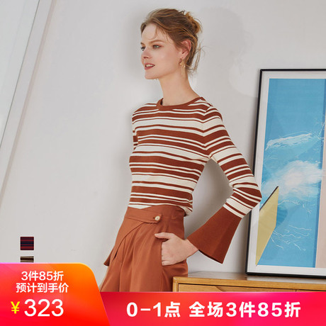 JUZUI/玖姿奥莱店2018新款上衣撞色条纹喇叭袖针织衫女薄毛衣商品大图
