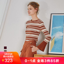 JUZUI/玖姿奥莱店2018新款上衣撞色条纹喇叭袖针织衫女薄毛衣图片