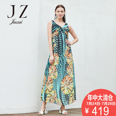 玖姿气质印花无袖圆领中长雪纺连衣裙2018夏季新款专柜正品女装商品大图