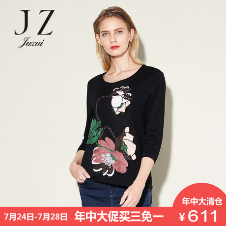 JUZUI/玖姿奥莱店女2017秋季新款圆领印花T恤女显瘦七分袖上衣商品大图