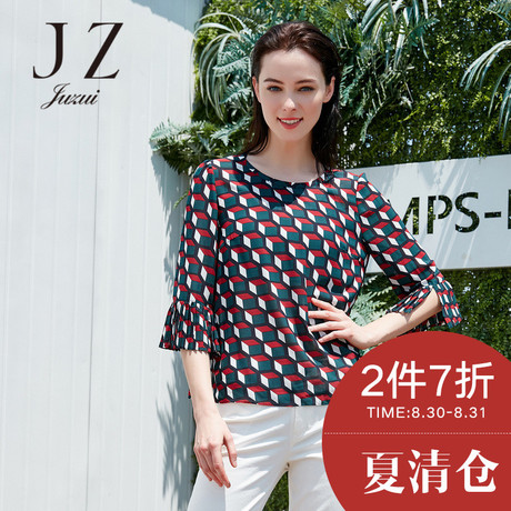 JUZUI/玖姿撞色花卉印花雪纺衫上衣 压褶开叉中袖2018夏新款商品大图