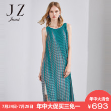 JUZUI/玖姿品牌夏装新款无袖圆领条纹印花雪纺连衣裙女中长款图片