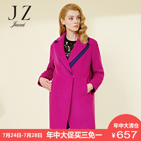 JUZUI/玖姿2018秋新款纯色中长毛呢大衣单排扣长袖羊毛呢大衣外套商品大图