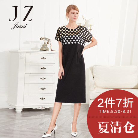 玖姿圆点印花圆领短袖中长款套头连衣裙旗舰店2017夏新款女裙商品大图