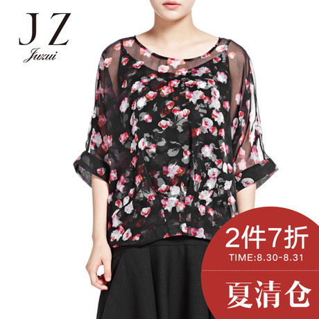 JUZUI/玖姿2017奥莱店女夏装新修身印花透明性感圆领短袖上衣商品大图