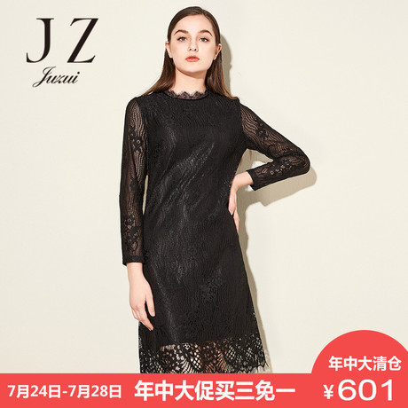 JUZUI/玖姿奥莱店2018冬装新款长袖蕾丝圆领连衣裙女商品大图