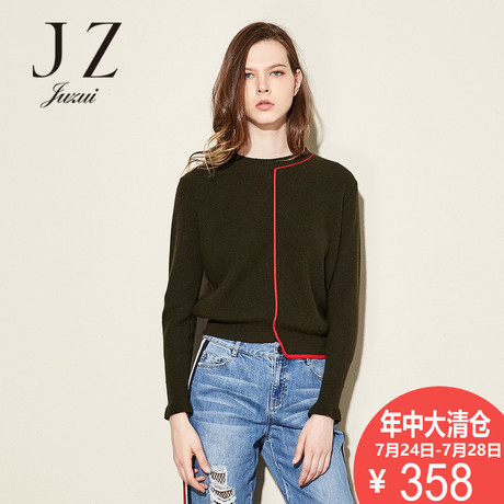 JUZUI/玖姿奥莱店2018秋季新款个性撞色走边毛衫圆领女上衣商品大图