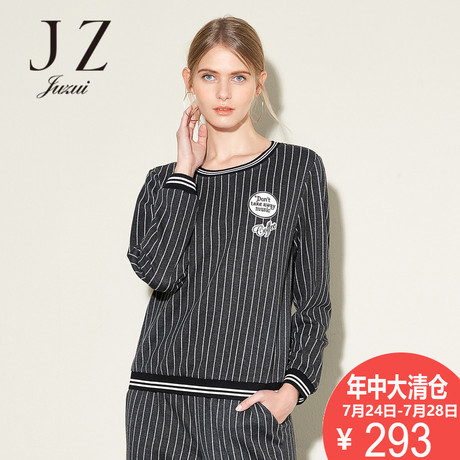 JUZUI/玖姿长袖上衣女秋季新款圆领宽松T恤女韩版条纹女装商品大图
