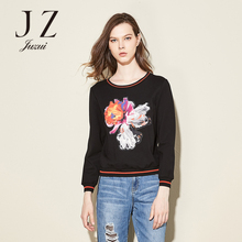 JUZUI/玖姿印花圆领长袖套头微弹奥莱店2017新款圆领上衣女图片