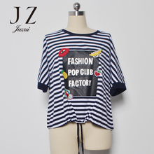 JUZUI/玖姿秋冬新款正品短袖圆领针织撞色条纹t恤衫上衣女图片