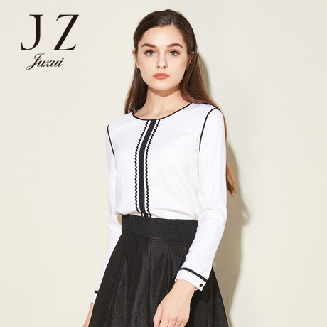 JUZUI玖姿奥莱2017秋装新款撞色条纹长袖羊毛衫商品大图