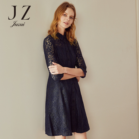 JUZUI/玖姿奥莱秋季蕾丝镂空衬衫中长款连衣裙女2018新款商品大图
