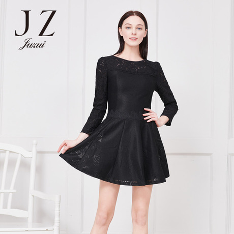 JUZUI/玖姿奥莱2018秋冬新款蕾丝提花镂空连衣裙中长款商品大图