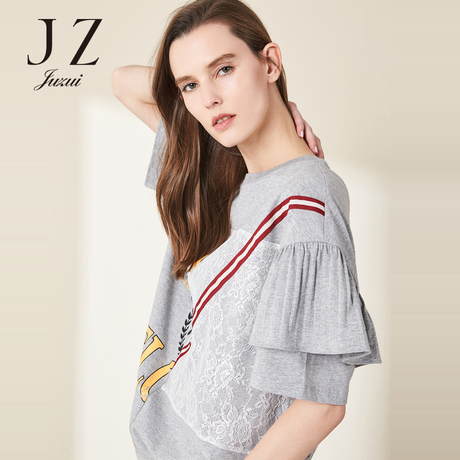 JUZUI/玖姿/2018春装新款印花蕾丝减龄休闲短袖打底上衣t恤女商品大图
