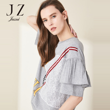 JUZUI/玖姿/2018春装新款印花蕾丝减龄休闲短袖打底上衣t恤女图片