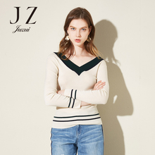 JUZUI/玖姿奥莱店2018秋装新款女v领长袖女撞色套头毛衫上衣图片