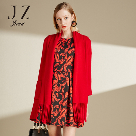 JUZUI玖姿奥莱2017秋装正品新款毛衣落肩流苏纯色外搭女商品大图