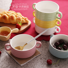 马卡龙色陶瓷碗儿童餐具碗甜品碗蒸蛋小碗宝宝早餐碗麦片碗双耳碗