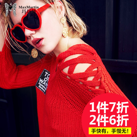 玛玛绨2018春装新款欧美时尚V领露肩针织衫韩版套头开叉毛衣潮女商品大图