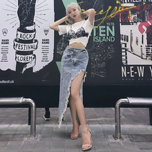 欧美街头个性 开叉毛边牛仔半身裙Z015 不规则中长款 夏装 钟倩儿同款