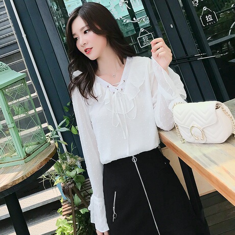 早秋女装2018新款韩版宽松v领雪纺衫上衣服超仙气质 洋气小衫长袖商品大图