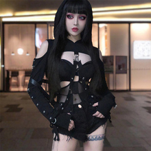 露脐卫衣女嘻哈街舞2018秋冬新款 露肩连帽漏胸挂带不规则跳舞上衣