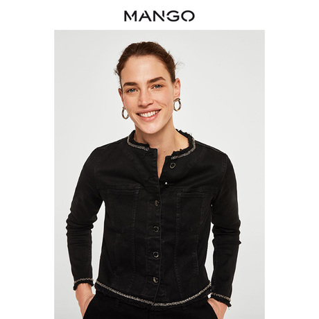 MANGO女装2018春夏石洗皱边装饰贴袋牛仔夹克 圆领外套23067008商品大图