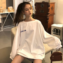 秋装女装韩版宽松字母印花长袖T恤中长款嘻哈潮ins百搭上衣服学生图片