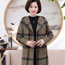 中老年女装大码毛呢外套韩版格子女式中长款加厚羊绒连帽休闲大衣图片