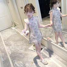 童装女童旗袍夏装中国风刺绣演出服蕾丝花边立领礼服儿童连衣裙
