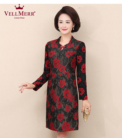 VELLMERR连衣裙女2018秋冬新款中老年女装双色复合蕾丝裙子ZQQ913商品大图