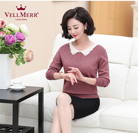 VELLMERR中老年女装秋季新款女针织衫韩版妈妈装T恤衫套头ZQQ918商品大图