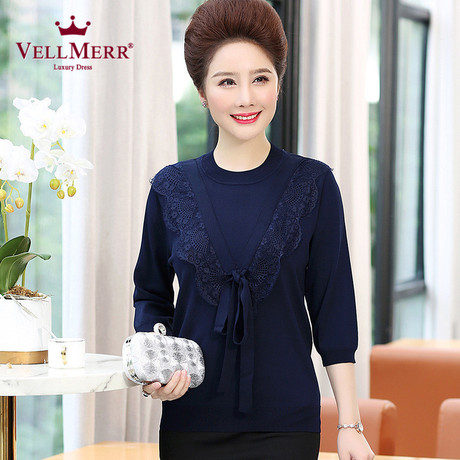 VELLMERR中老年女装2018秋装新款韩版蕾丝针织衫妈妈打底衫ZQQ927商品大图