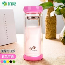 可爱流行女生玻璃杯双层带盖创意情侣水杯子隔热过滤茶杯家用